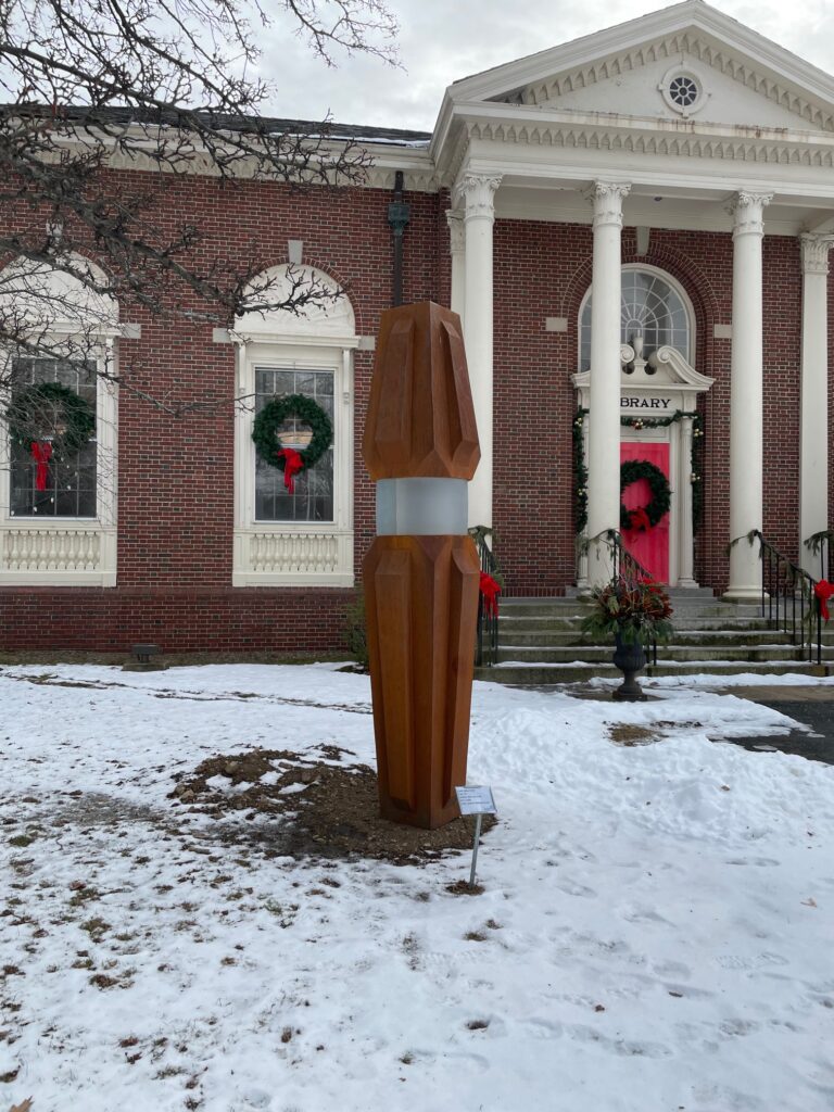 A photo of Shawn Farrell's "Tre," located outside the Topsfield Town Library.