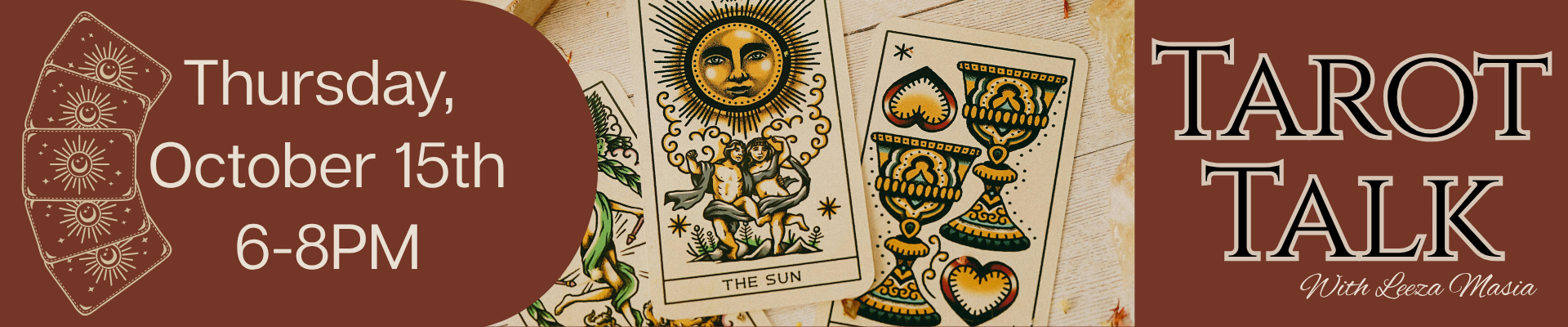 Tarot Talk event details with tarot cards and sun illustration