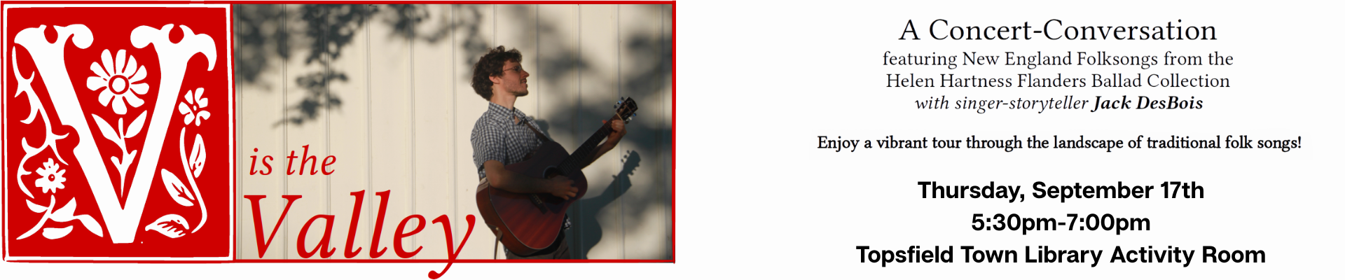 A young man playing guitar beside a white wall, event details included