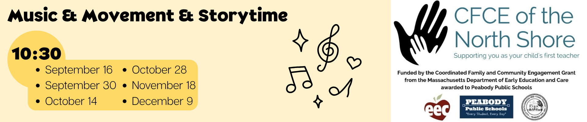 Music and movement storytime schedule with dates and times